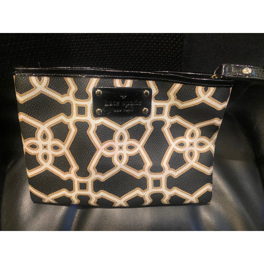 KATE SPADE IMANI MOROCCAN MARKET BLACK WHITE TAN WRISTLET POUCH CLUTCH‎ BAG